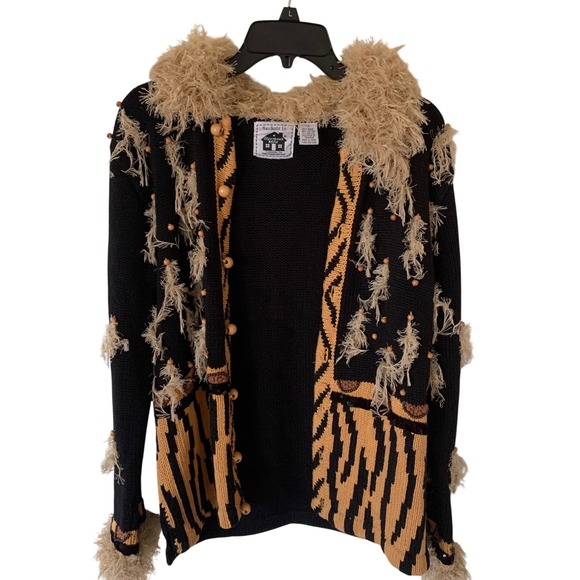 Storybook Knits Wildlife Expressions Tiger Print Faux Fur Trim Cardigan XS Black - Picture 3 of 15
